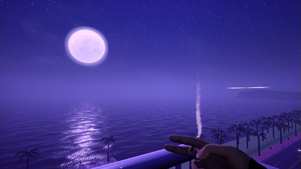 screenshot of the game "the immaculate drag" showing a hand with a cigarette and a view looking out over a balcony