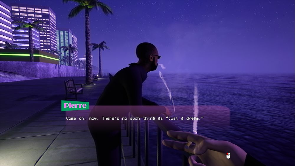 screenshot of the game "the immaculate drag" showing a dialog with a character looking out over the water while they smoke. There is a hand in the foreground with a cigarette
