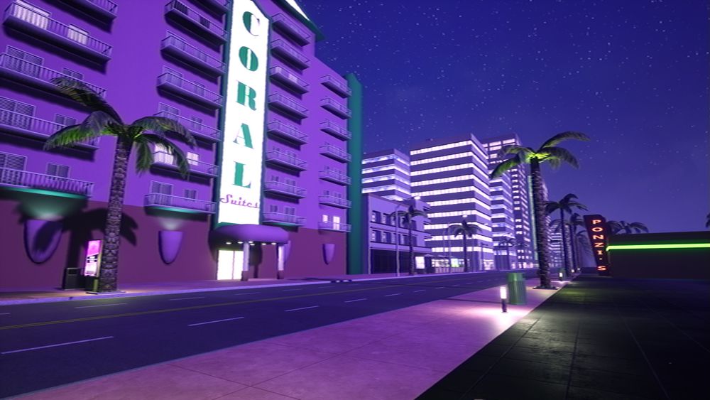 screenshot of the game "the immaculate drag" showing a neon washed street and buildings