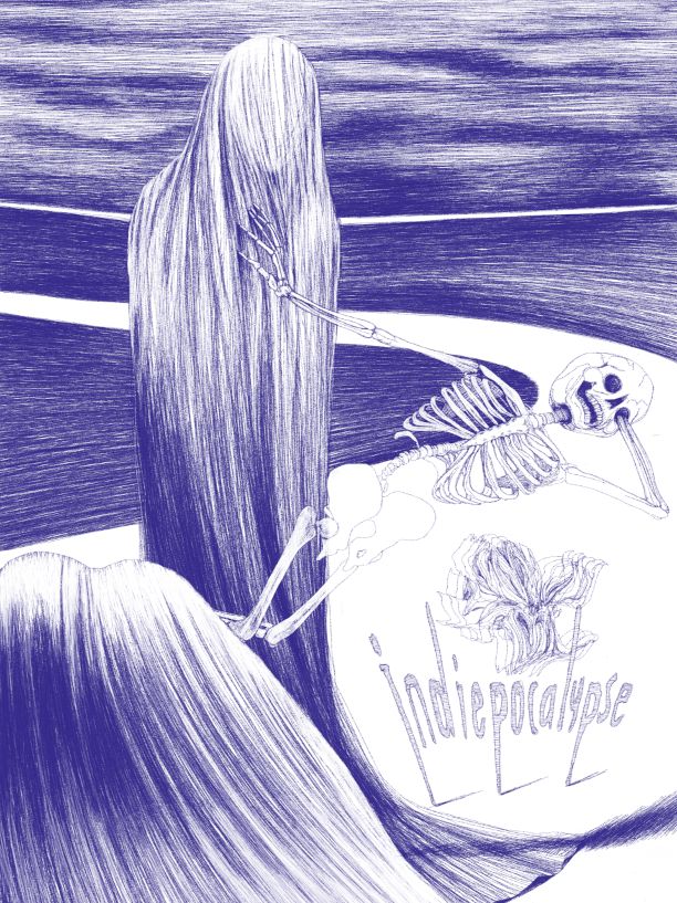 cover for indiepocalypse #67 showing a skeleton leaning off a strange formation