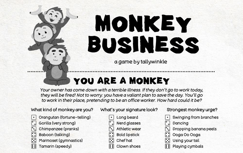 screenshot for the table top RPG showing dice rolls to determine a monkey's characteristics