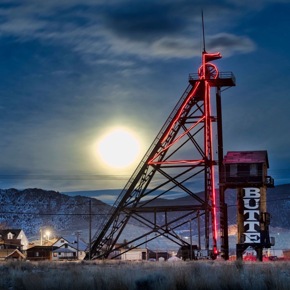 A gallows frame at the entrance to a mine in Butte, Montana 