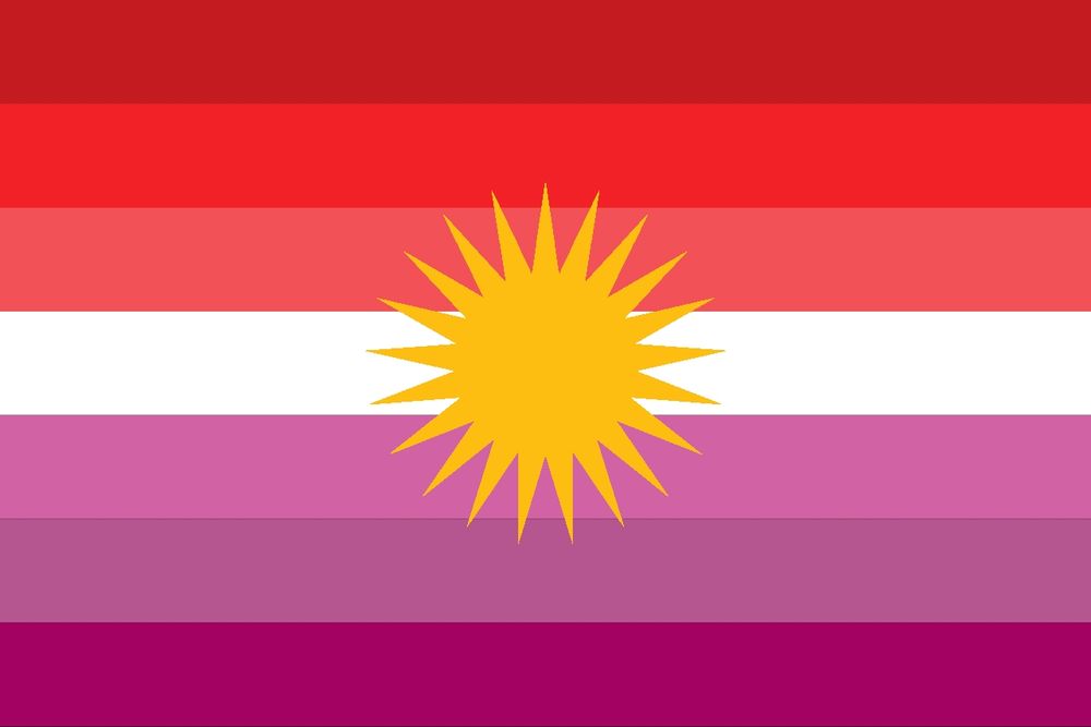 Variation of the lesbian flag made to look like the Kurdish flag. The orange gradient of the lesbian flag has been replaced by a red gradient like the one in the Kurdish flag, and there is the same yellow sun put inbetween the two gradients
