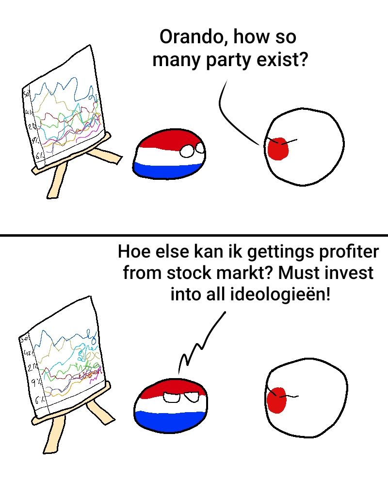 A two panel Polandball comic.

Panel 1: There is a chart on the left side on a wooden holder, that depicts a graph of multiple colours radically changing their value over the course of time. The Netherlands, is next to Japan, both facing eachother with neutral faces. Japan asks "Orando, how many party exists?"

Panel 2: The graph is different now, very vaguely spelling the words "SEX IN THE KITCHEN". The Netherlands is slightly annoyed, and Japan is mildly amused. The Netherlands says "How else kan ik getting-s profit-err from stock market? Must invest into all ideologie-ën!"