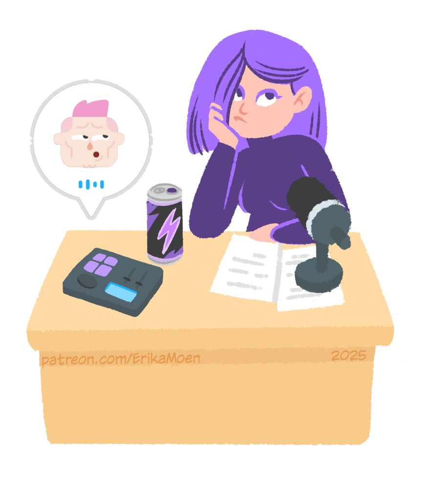 Flat color illustration of a bored teen girl with purple hair sitting at a desk with a microphone, energy drink, and voicemail playing. Erika Moen's Duolingo avatar appears in a word balloon from the voicemail machine. 