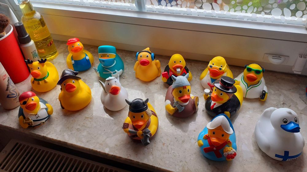 Auf einer Fensterbank stehen 8 Gummienten verschiedenen Typen, z.b. als Wikinger.