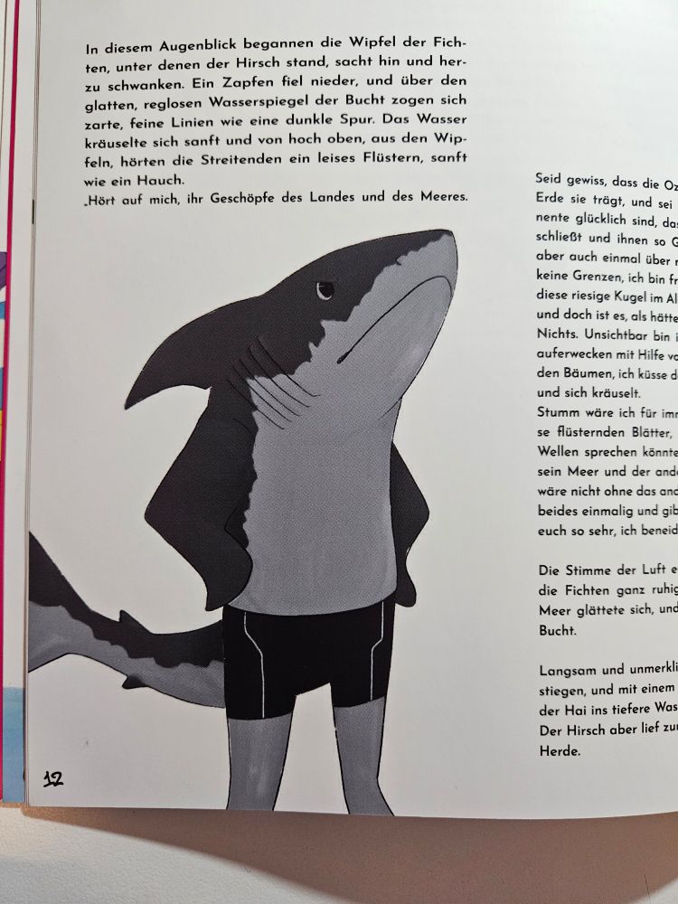A page of a book.
An illustration of an anthropomorphic shark wearing swimming trunks is surrounded by text.