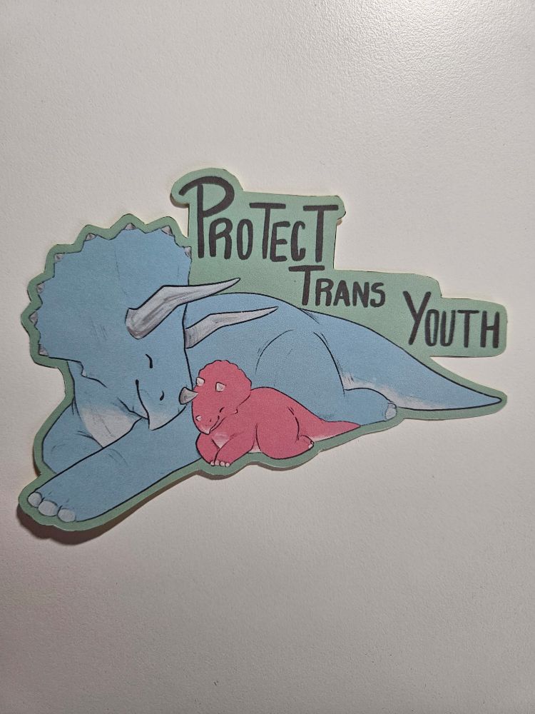 Ein hellblauer Triceratops liegt hinter einem pinken Jungtier und sieht es liebend an. In schwarzem Text über Ihnen steht "Protect trans youth"