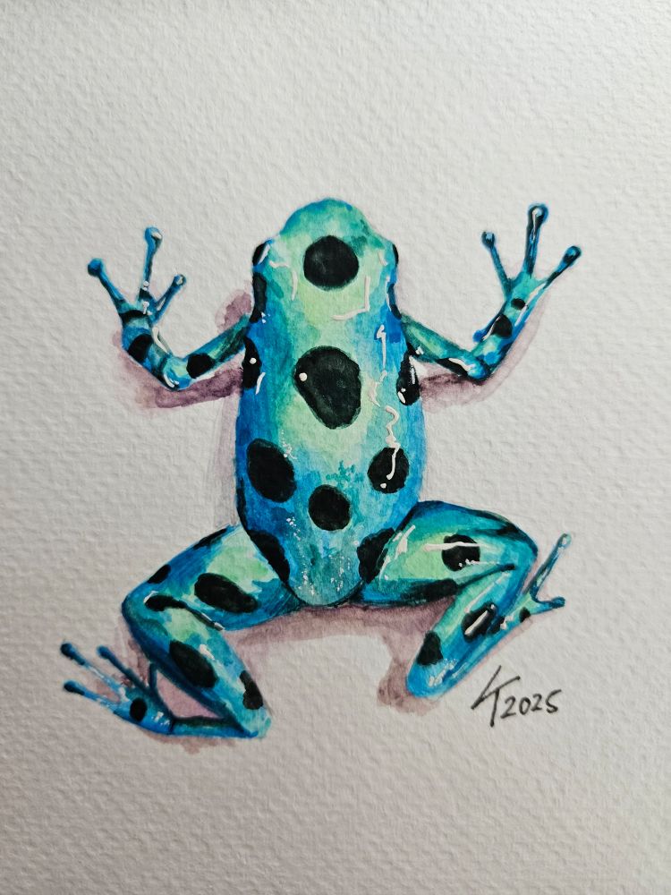 A realistic watercolor painting of a blue frog with black splotches. The frog is depicted from above, as if sitting on the paper.