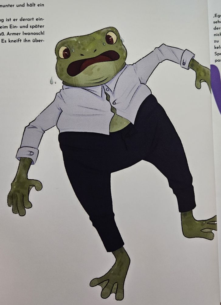 An illustration of an anthropomorphic frog. He looks distressed and is sweating.
He is wearing a white, tight button up shirt that doesn't close properly and dark blue trousers that also don't fit him.