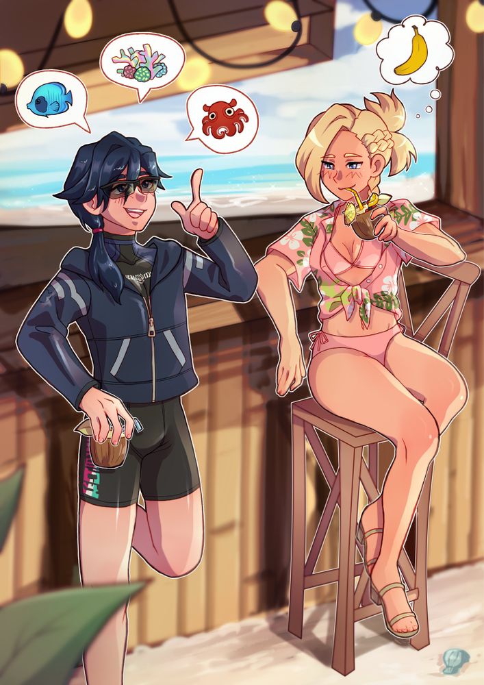 FFXIV art of Shion in the new maritime glamour excitedly describing the various creatures she saw underwater, while Minfilia sits at a tiki bar, ogling the sea creature in Shion’s shorts.