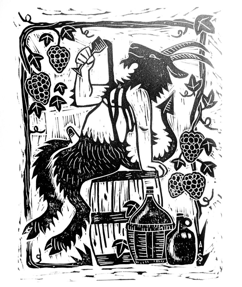 a linocut print of a goat headed satyr, pouring wine over himself as he sits on a wine barrel. he's surrounded by grape vines and grapes. he is hard.