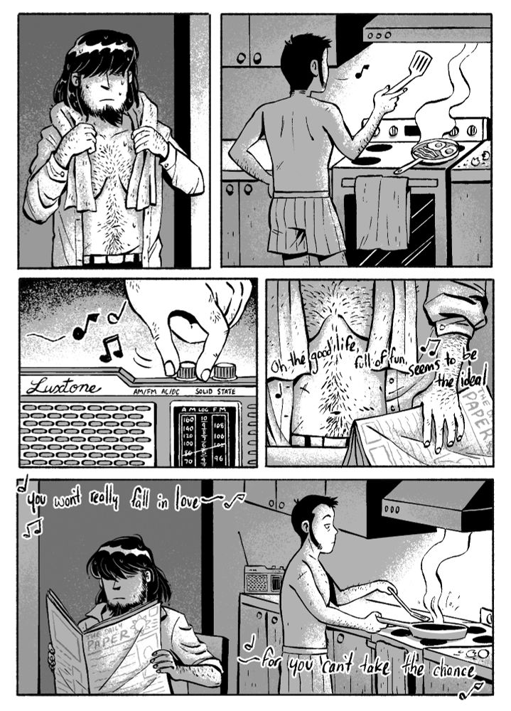 Jigen, freshly showered, walks into the kitchen. Lupin's back is facing us and Jigen as he cooks up breakfast for them. Jigen's hand switches on a radio, as Bobby Darin's The Good Life begins to play in the background. He unfolds his newspaper and sits, back to Lupin, at the table.