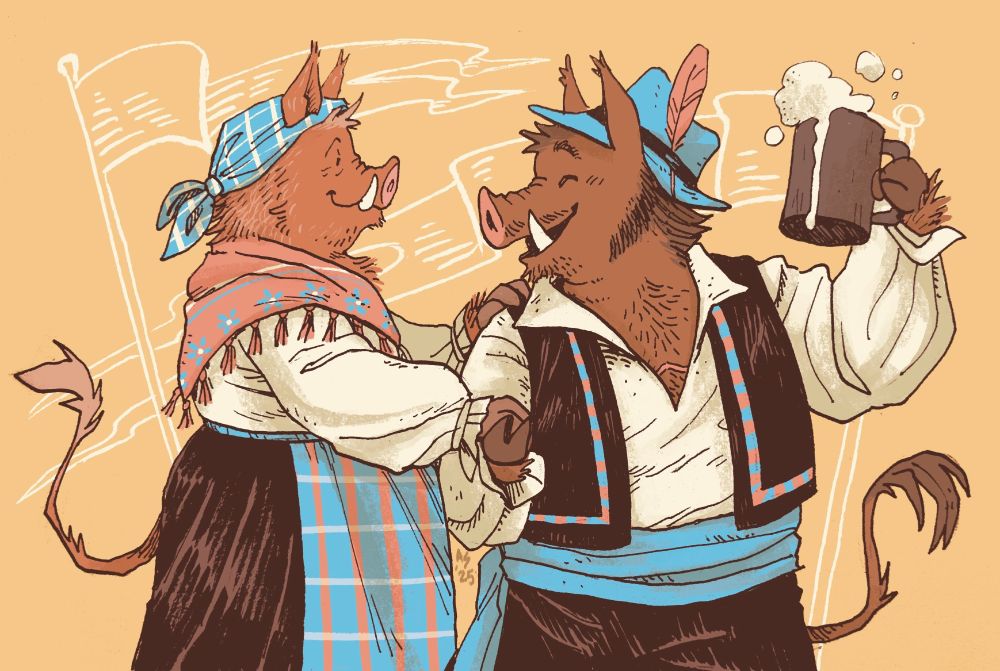 two boars in traditional Friulian clothing; one wearing a dress, headscarf and shawl on her shoulders, and the other with a small vest, open white shirt showing top surgery scars and an alpine style hat with a feather. he holds a large mug of beer in his hoof. there are illustrations of long banners in the background.