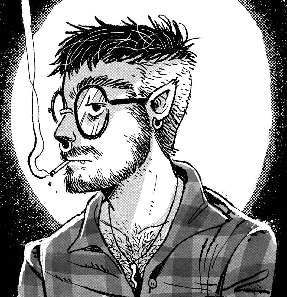 amiel drawn as an old timey wolfman, smoking a joint.
