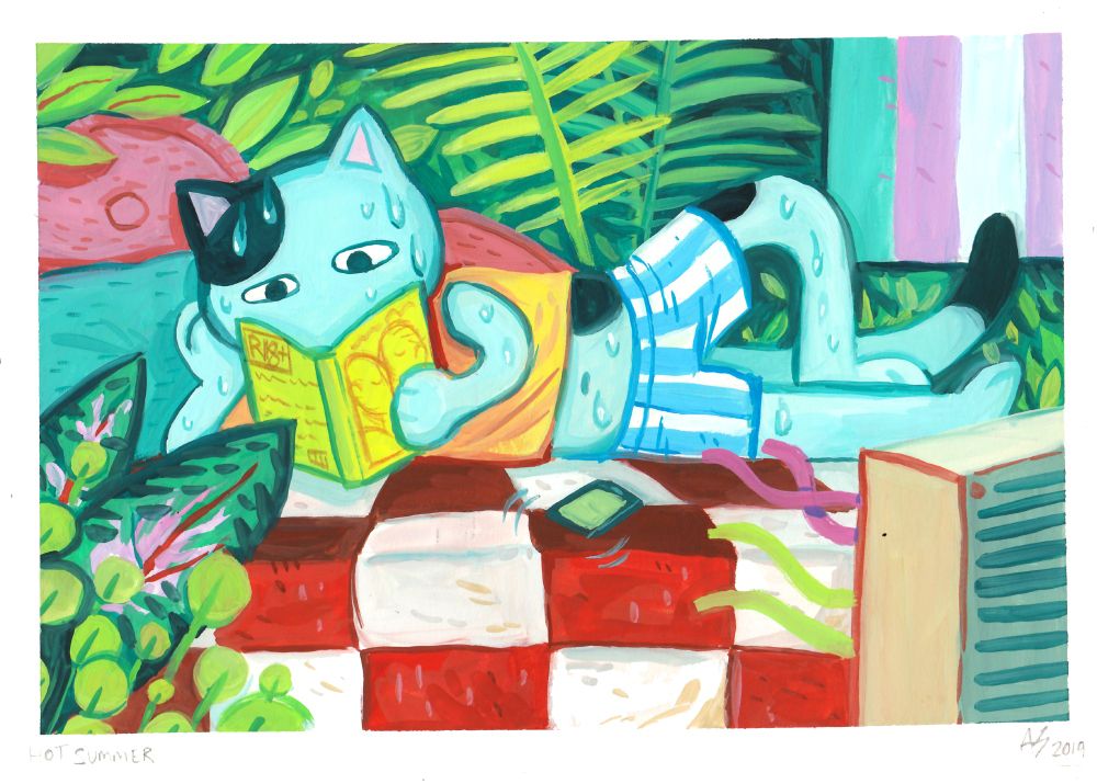 a gouache painting of a blue spotted cartoon cat character reading 18+ book on a checkered red and white bedspread. there are plants in the background and a fan in the foreground. a trans flag hangs in the BG