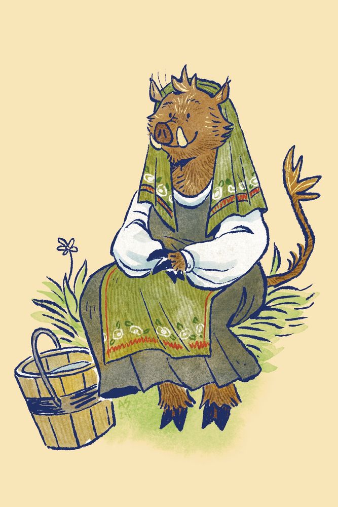 colour illustration of a boar wearing traditional Friulian clothing