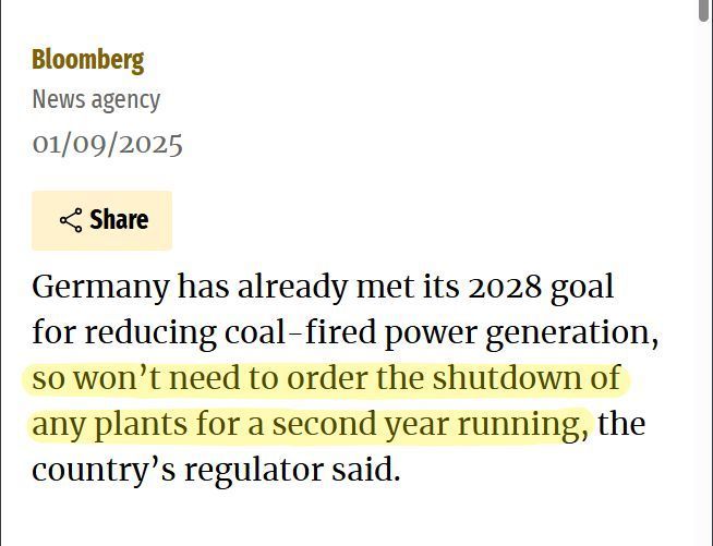 Bloomberg
News agency
01/09/2025

Germany has already met its 2028 goal for reducing coal-fired power generation, so won’t need to order the shutdown of any plants for a second year running, the country’s regulator said.