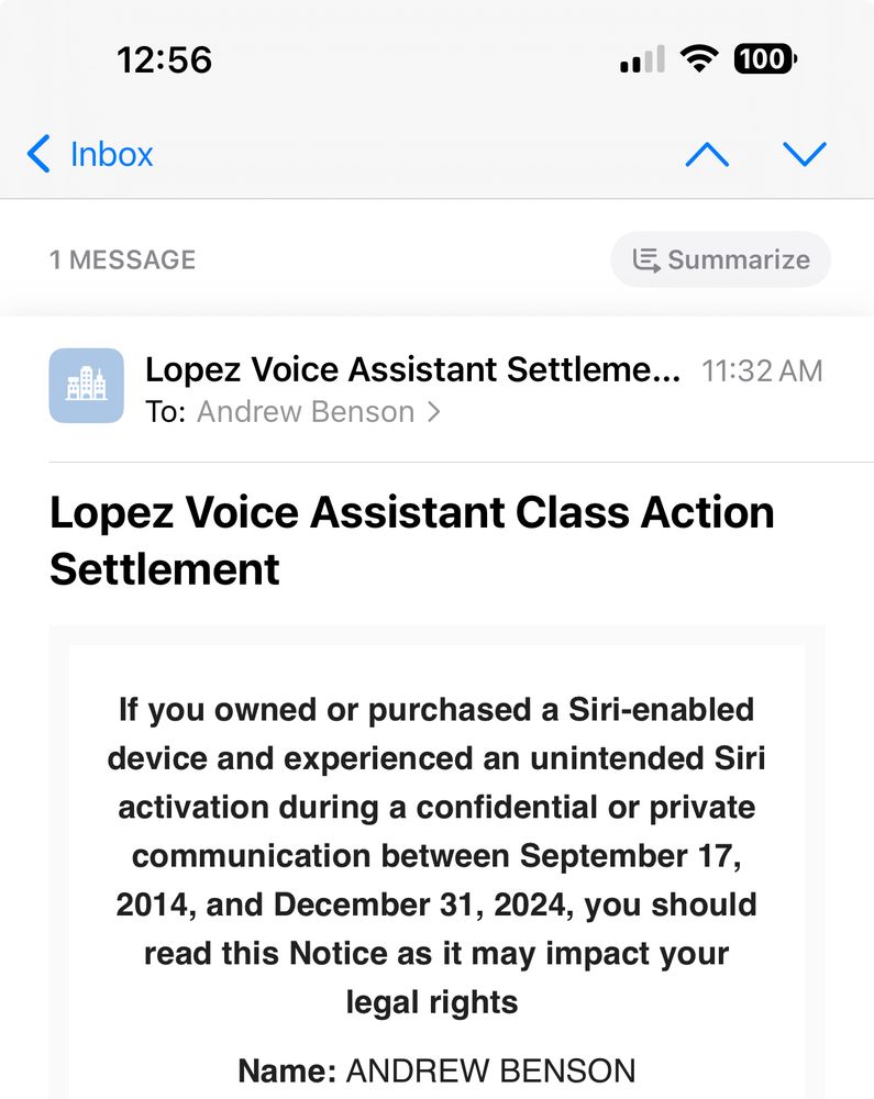 Siri $100 - Lopez Voice Assistant Class Action Settlement