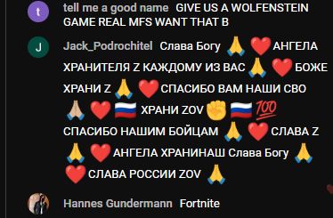 Russian users posting pro-invasion emoji-covered copypasta in youtube stream chat.