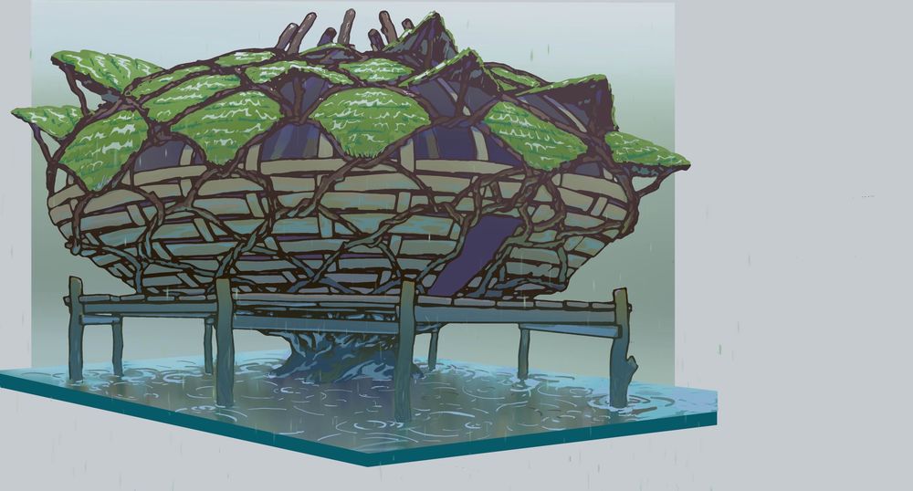 A drawing of a building made of grass, vines, and plants, on stilts over water