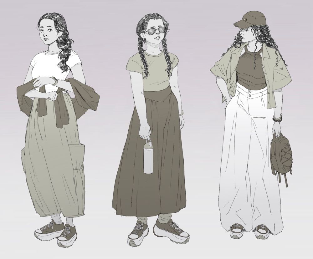 Three sketches of various everyday outfits 