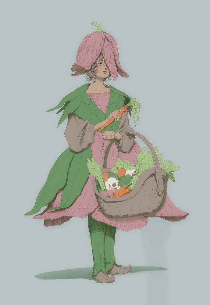A character sketch inspired by 3 emojis - carrot, skull, and tulip. The figure is wearing a tulip inspired dress and hat, and is holding a basket of veggies and skulls. 