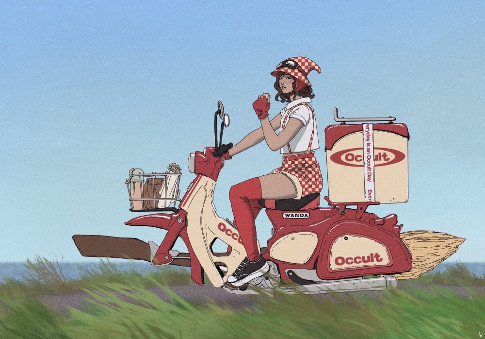 A working delivery witch on a motorbroom. A pun on yakult honda cub delivery scooters, it sports “Occult” and “Wanda” logos. Check out Crescent County!
