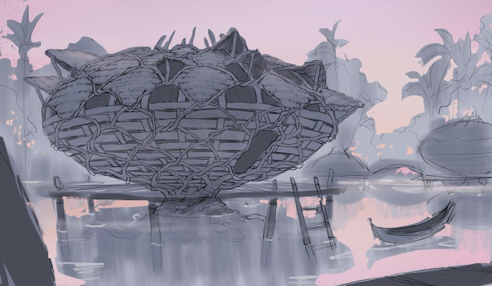 A mood sketch of a marshland building