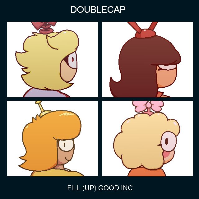The Gorillaz Feel Good Inc album cover but with the four Fat Fleet playables.