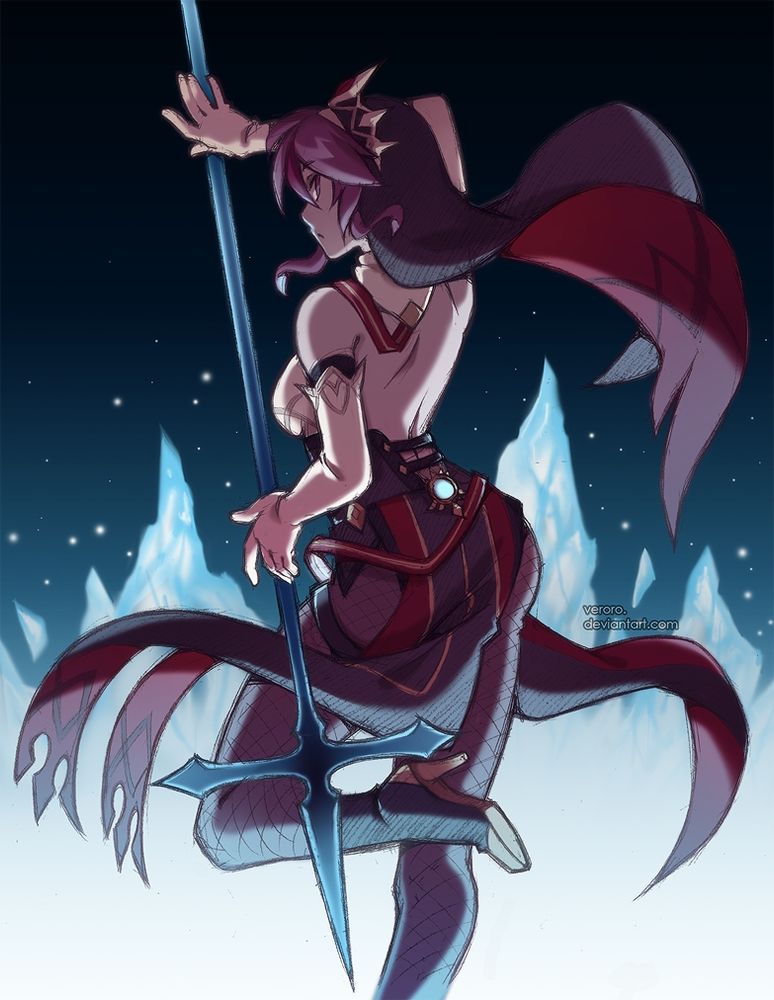 Fanart of Rosaria from Genshin Impact. She is holding the spear from her ultimate, looking back at the viewer. There are icicles in the background 