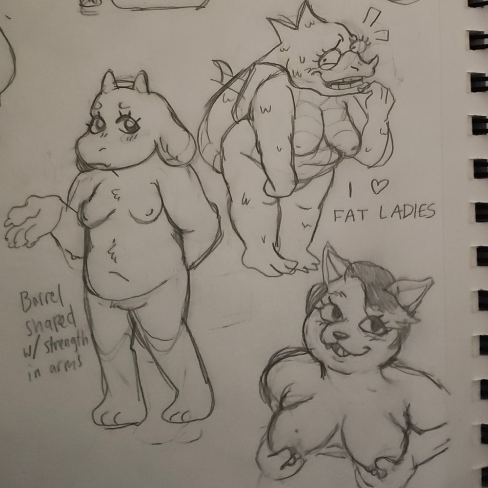 traditional sketches of women in undertale.

toriel is barrel shaped with small breasts, one arm behind her back and the other with her paw splayed. the arms are more muscular than her legs.

alphys in her usual posture except with her breasts sagging to her belly button, and she has a different patterned underbelly. she's chuckling nervously with her tail wagging.

catty is the only one bust up and she is holding her breasts by the bottom near the nipples at her piercings. 