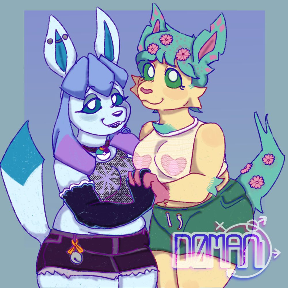 a shorter. pear-shaped glaceon and a taller, plus-sized leafeon have hands clasped together. both are wearing mesh tops and shorts. 

the glaceon's style is more gothic, with piercings and their garments being black, snowflakes covering their nipples. they also have a luna ball choker and a soothe bell tied around one of her shorts' straps.

the leafeon's top is white while wearing shiny pink pasties that match the cherry blossoms and petals in their hair, ears, and tail. a tuft of fur pops out their neck, and fur is on their abdomen.