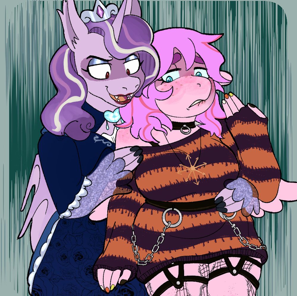 vampire princess cadance is preying on doe in the autumnal outfit - a black-and-orange sweaterdress cinched at the waist with a spiked collar, chaos symbol pendant, and pentagram sock garters. it looks as though cadance is feeling him up. doe bites his lip in dread and anticipation.