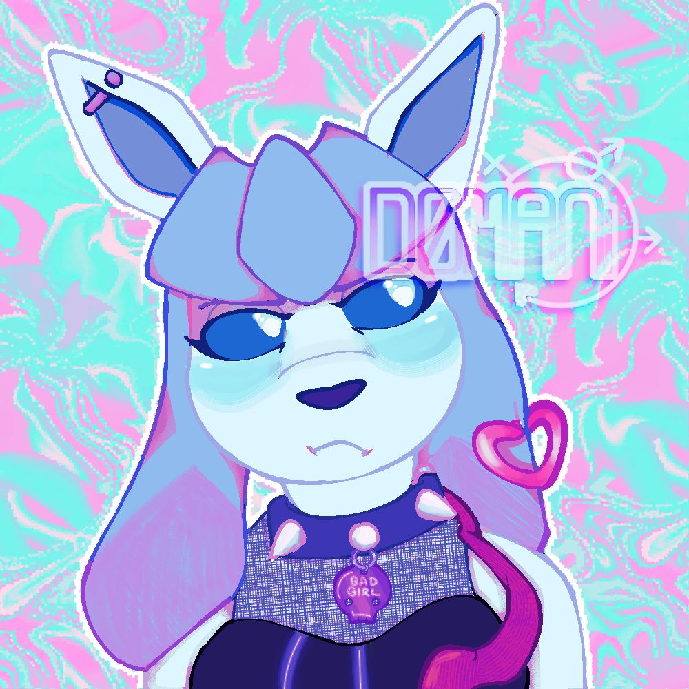 bust shot of rhea the glaceon, blushing with a pout looking away. she has a heart hoop piercing, a spiked collar with a skull dogtag reading "BAD GIRL", and a sleeveless top with both mesh and something shiny. 

they are being guided by the viewer on a red leash.