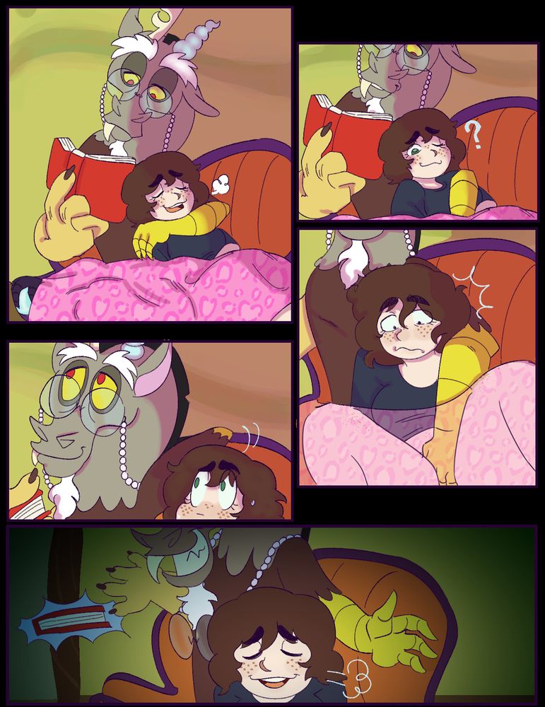 comic of discord and doe's sona cuddled beneath a blanket. his claw goes under the blanket to finger doe briefly, only to pull away to their surprise. doe sighs in relief, only for discord to throw the book he had away...