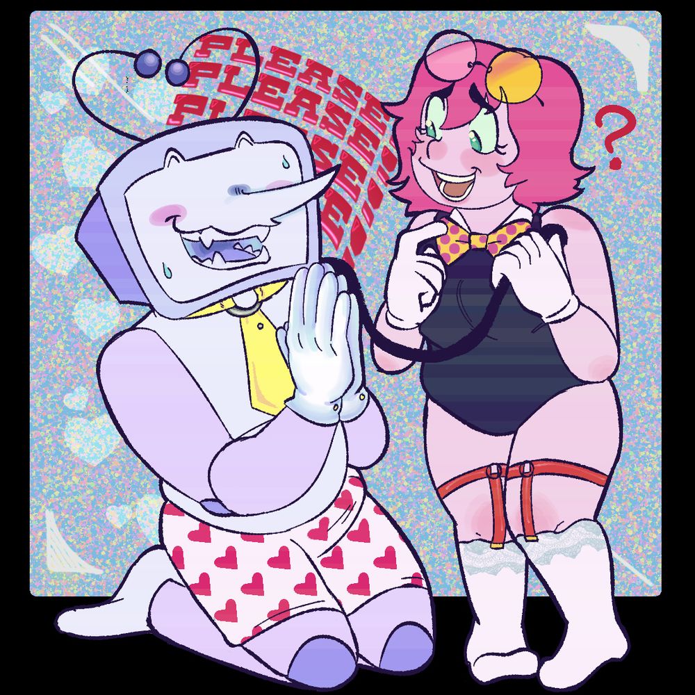 sona is in a black body suit with the dealmakers and a matching bowtie, as well as white socks with red garters and white gloves, attempting resemblance of spamton. 

he's holding onto a leash attached to tenna, wearing a yellow collar resembling his necktie and heart print boxers. he's begging to be dragged around while the sona is asking for assurance.