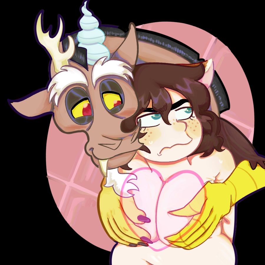 discord is squishing the sona's breasts together to form the shape of a heart, illustrated by a pink glow above. blushing, he looks away with a grumpy shy look, while discord smiles warmly.

the illustration has a warmer palette and more of a sheen to it than the artist's usual body of work, the latter done by using @/inioli's brush set.
