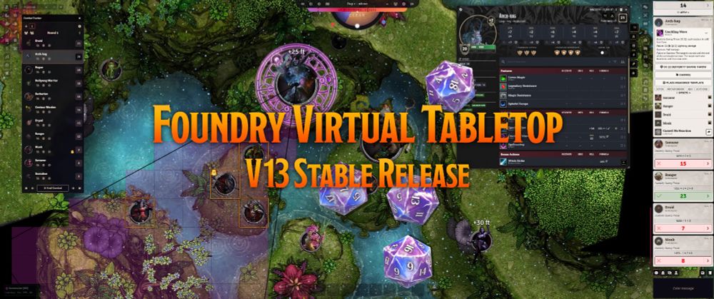 Foundry Virtual Tabletop V13 Stable Release banner. It shows a grassy, multilevel battle map with pools of water and a number of enemy creatures engaged in battle.