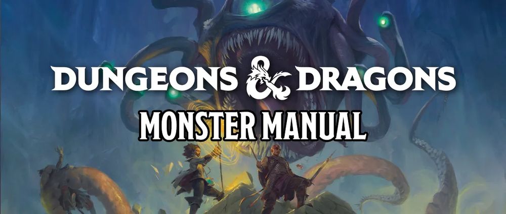 The text Dungeons & Dragons: Monster Manual over an image of a Beholder attacking a party of heroes aiming to defeat it.