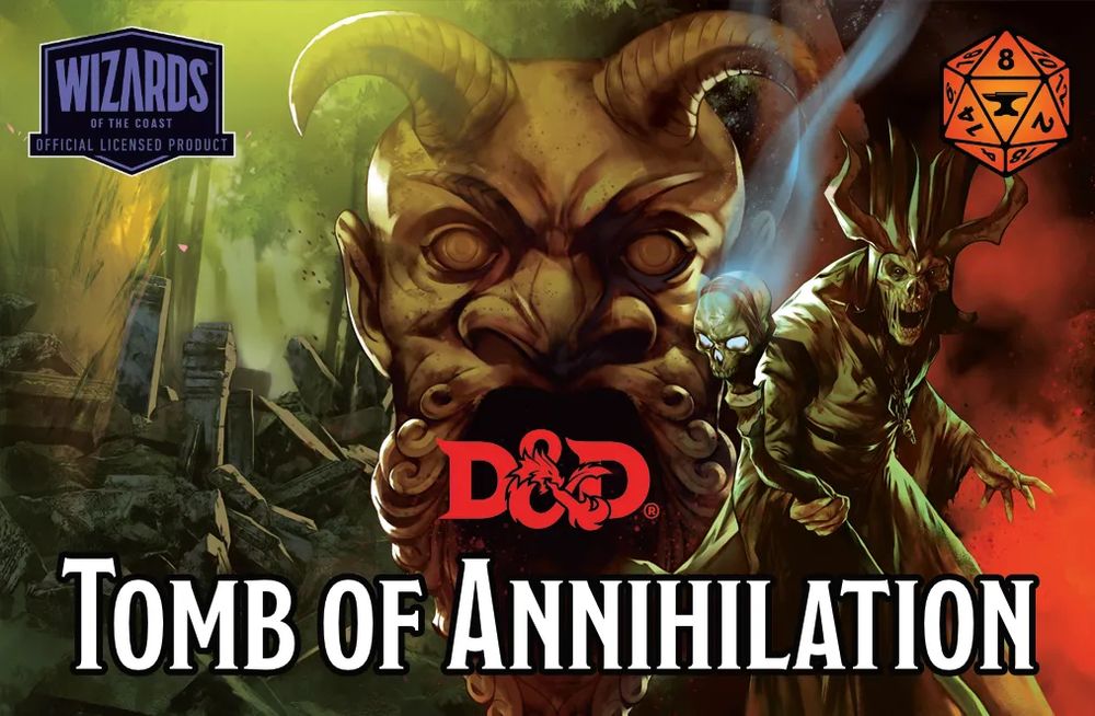 The Tomb of Annihilation book cover which features the lich Acererak, an open-mouthed mask, and Chult in the background.