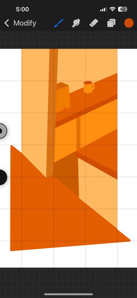 Procreate Pocket Edition drawing. Flat Monocrome orange sketch of two countertops and a wall. A stack of books and a coffee mug set on the farthest counter.