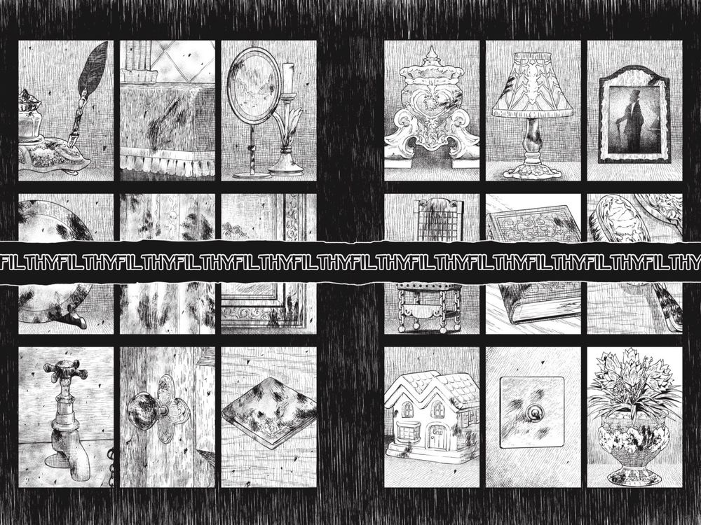 Various dirty items around the house. The text in the middle reads: FILTHY over and over with no spaces.