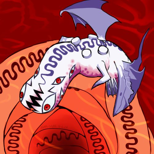 An illustration of Jormungandr, the final boss from the video game Boktai 2: Solar Boy Django. Jormungandr takes the form of a massive four-eyed, bat-winged white serpent whose mouth is slit vertically instead of horizontally. It is sitting in a pool of red water.
