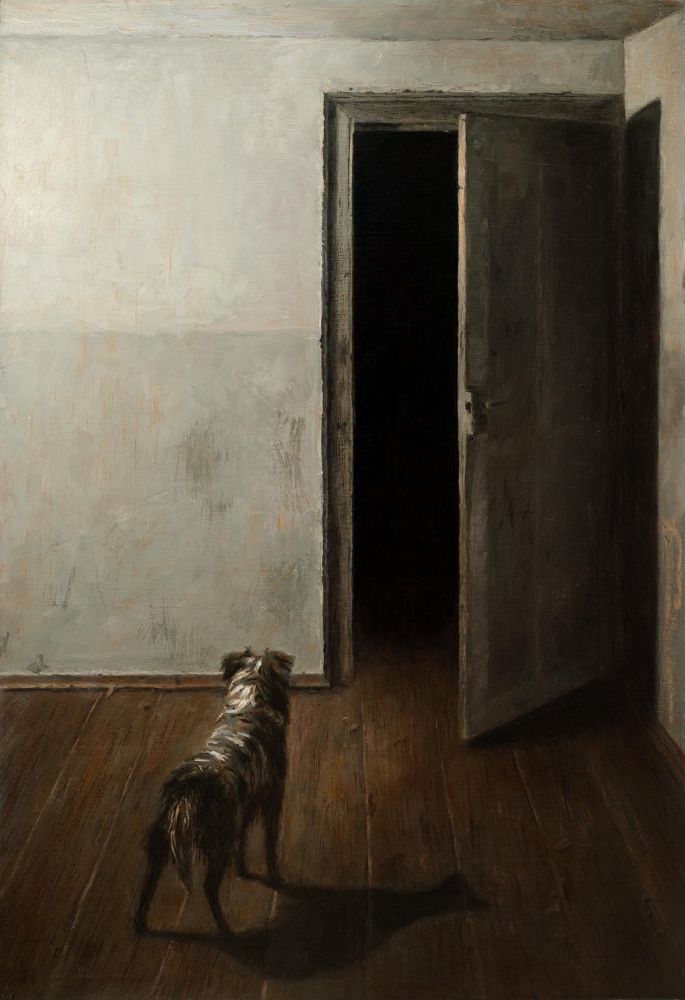Painting of a dog staring, alert, at an empty dark doorway