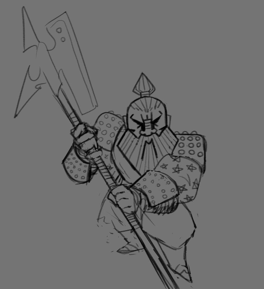 rough sketch of a dwarven fighter holding a halberd