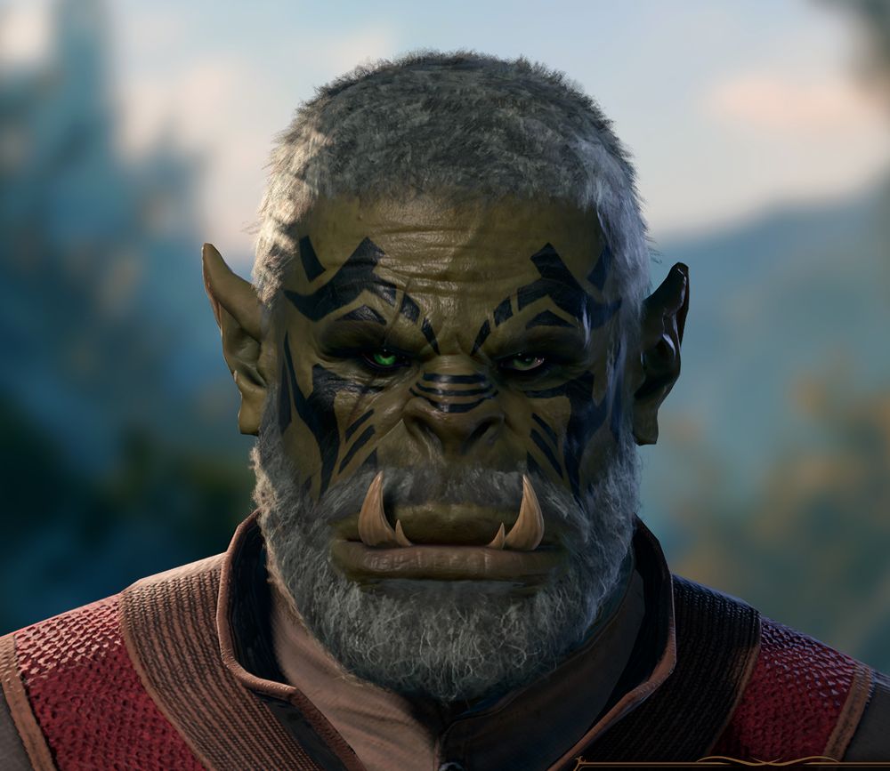 BG3 player character - half orc with short, grey hair, green skin, green eyes, and black war paint across his face.