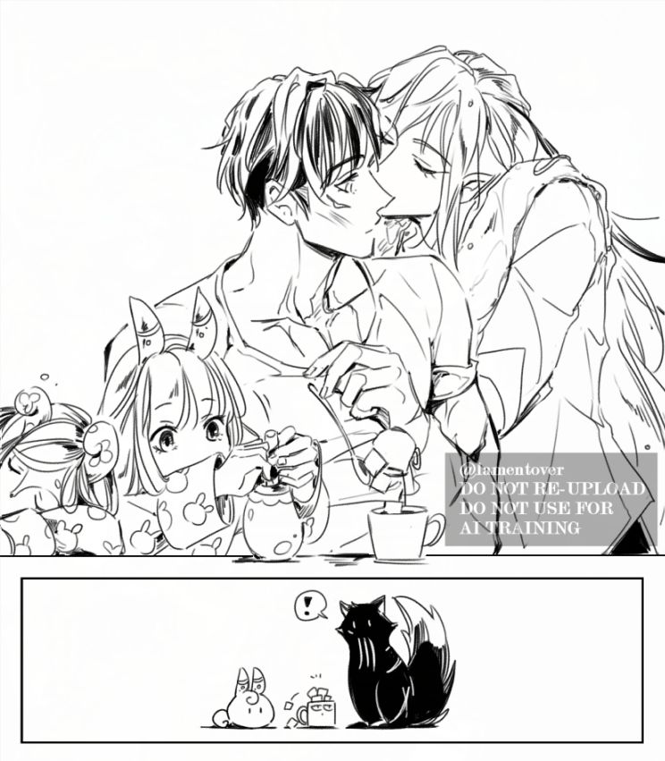 In the morning, Sigewinne is preparing her milkshake while Ottnit is still sleeping at the table. Wriothesley drops a sugar can into his teacup since Neuvillette suddenly kisses him on the cheek. [Bonus panel] The teacup full of sugar cubes is side-eyeing Wriothesley