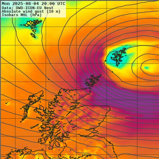 Pressure and gust map showing the storm clear from the Elgin area in the  next 3hrs or so.