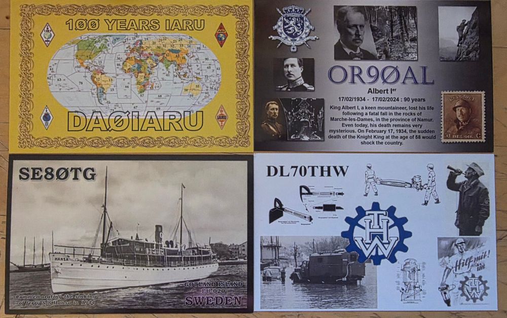 100 years iaru from darc, Swedish card commemorate the sinking of a ferry in 1944, death of Belgian king Albert 1st and 70 years of federal disaster relief from Germany. 